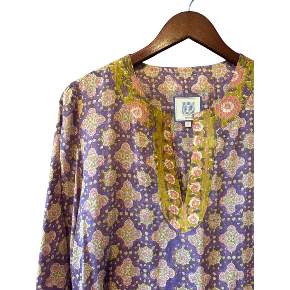 Alicia Bell | Silk-Cotton Purple Hand Block Print Tunic Sleep Top | Size Small
